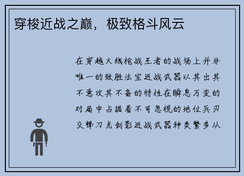 穿梭近战之巅，极致格斗风云
