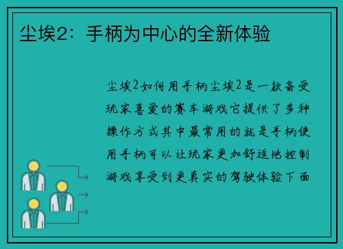 尘埃2：手柄为中心的全新体验