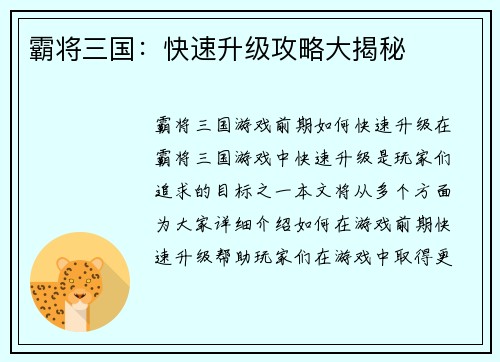 霸将三国：快速升级攻略大揭秘